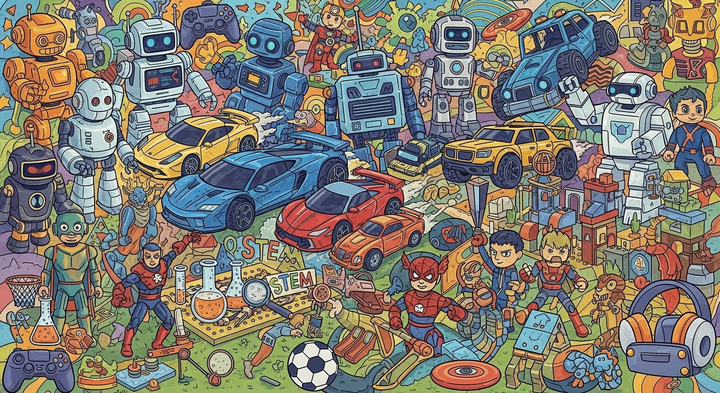 Colorful collage of robots and cars.