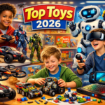 “Top Toys for Boys in US and UK 2026 featuring STEM robots, RC cars, action figures, construction sets, and interactive gaming gadgets in a colorful toy store scene.”