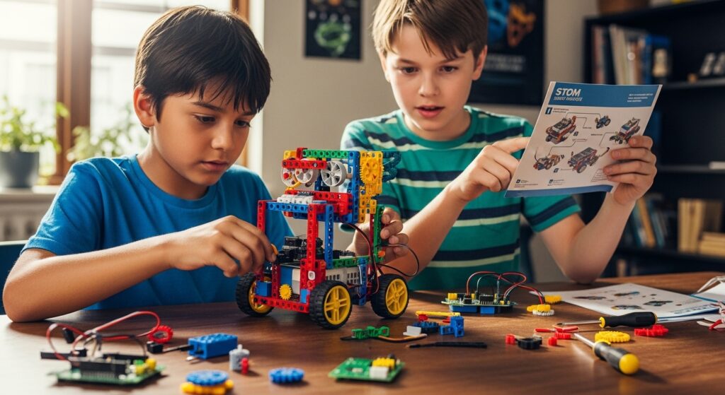 Two boys building a STEM robotics kit with colorful construction parts and electronic components at a table.