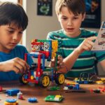 Two boys building a STEM robotics kit with colorful construction parts and electronic components at a table.